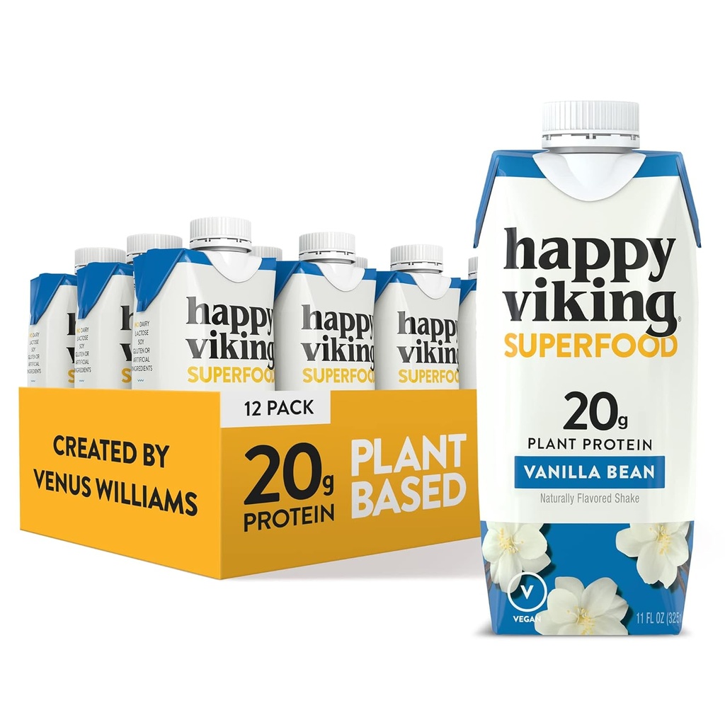 Vanilla Bean Vegan Plante Protein Shakes av Happy Viking, laget av Venus Williams, 20g protein, Omega-3, 9 Aminosyrer og BCAA, Glutenfri, ikke-GMO, klar til å drikke, pakke med 12 (11oz)