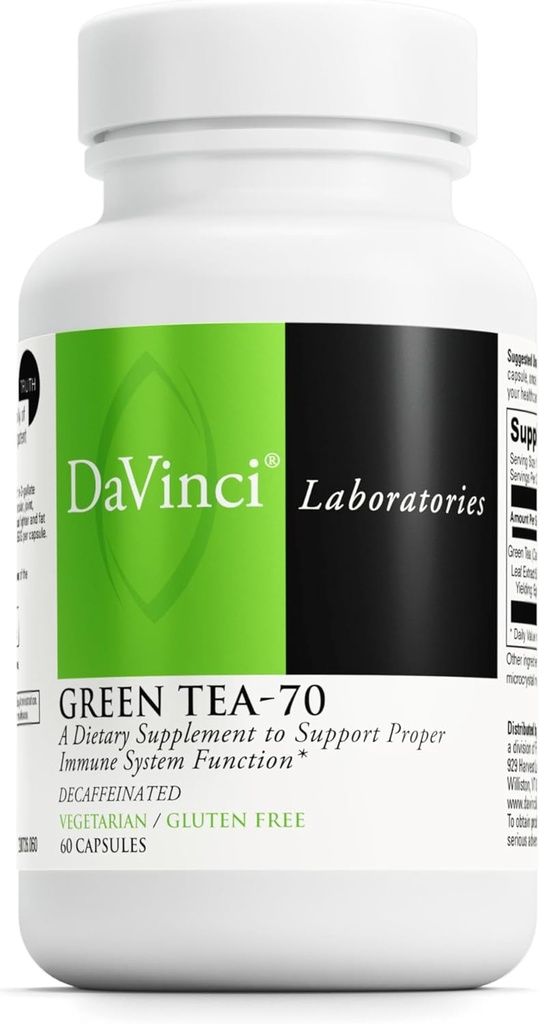 DaVinci Labs Grønn Te-70 - Kosttilskudd for å støtte immunsystemet, Cardiovaskulær helse og kolesterol helse - med grønn te ekstrakt - Decaffeinated - Glutenfri -60 Vegetariske kapsler