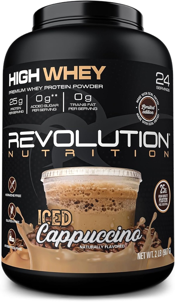 Revolution ernæring, høy Whey, Protein pulver 2LB, Whey Isolate, Glutenfri, Lean Muscle Mass for menn og kvinner, 25g protein per scoop, 908 g, 24 serveringer (Iced Cappuccino, 2 pund)