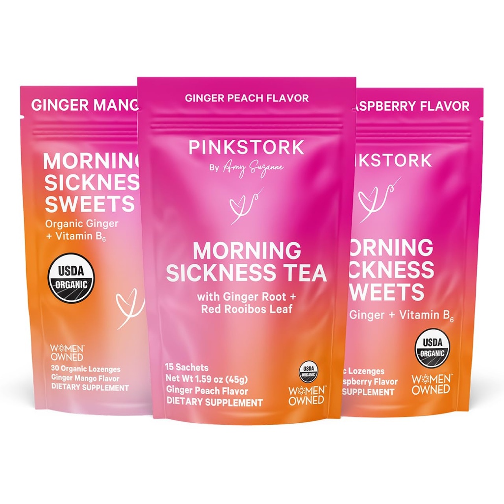 Pink Stork Morgensykhet Relief Kit – 3- Piece Bundle med organisk Ginger Peach Te, B6 Sweets, Ginger Lozenges – Graviditetsstøtte, første trimester Essentials, gave til gravide kvinner