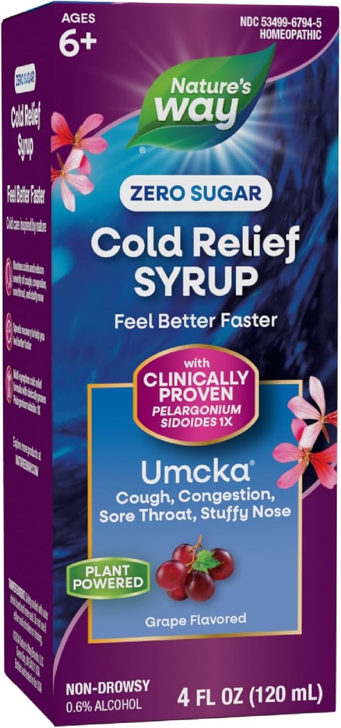 Naturens vei kald lindring null sukker Syrup, Umcka, homøopatisk, Shortens Colds, Sore Throat, Cough, Congestion, og Stuffy Nese, Phenylephrine Free, Grape Flavored, 4 Fl Oz (Packing May Vary)
