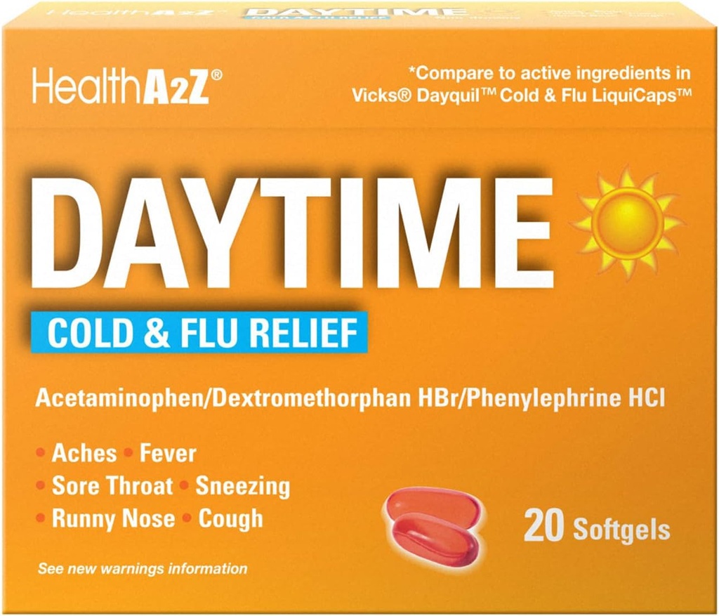 HealthA2Z® dagtid | Kald og influensa medisin | Kraftig multi-Symptom dagtid(20 Softgels) (dagtid kaldt & influensa medisin (20 Count Pack of 1))