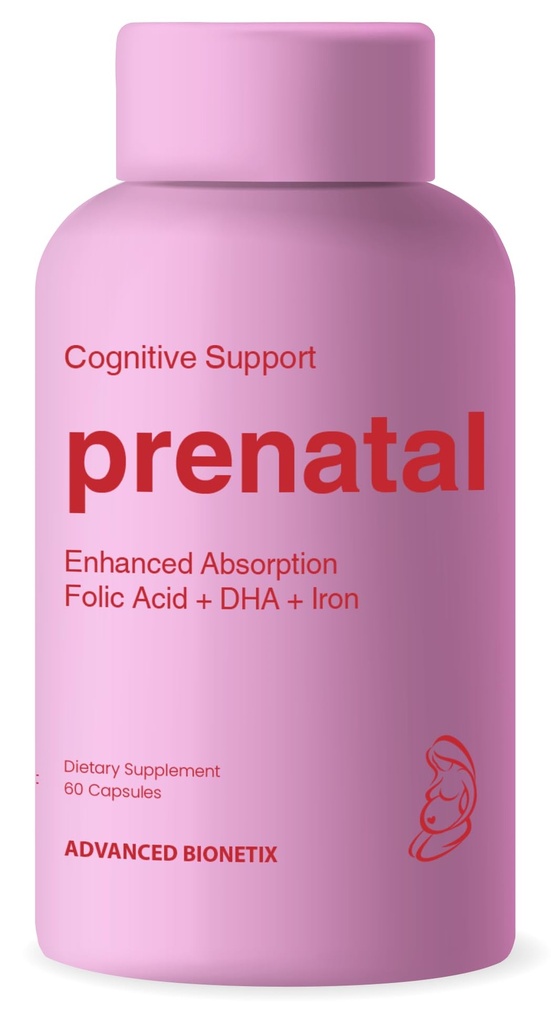 Bio-tilgjengelig Prenatal Vitaminer for kvinner, Naturlig metylert Folat Folsyre, DHA Omega 3. Multivitamin Pre, Under & Post Graviditet
