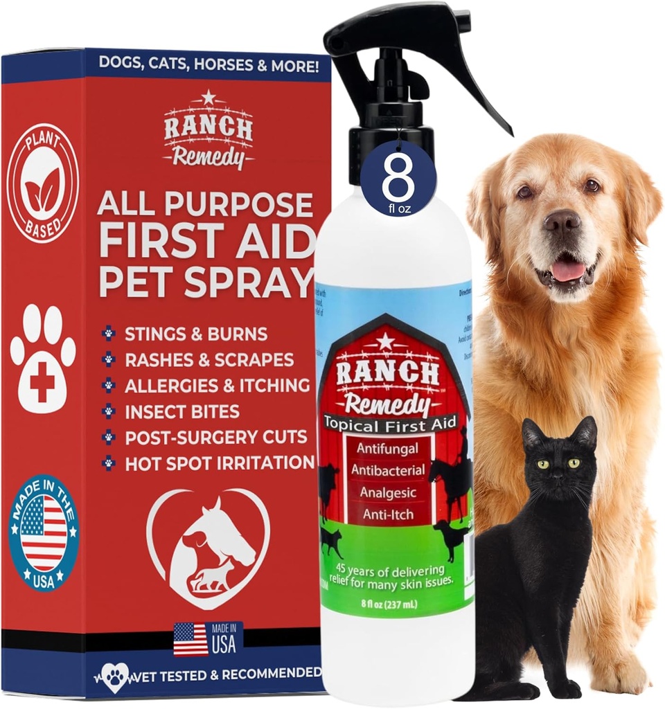Sårhealing Aid & Itch Relief Spray for hunder, katter, hester, trygt for alle dyr - alle naturlige - Rashes, Bites, Burns & Hot Spot behandling - Hud Irritation & Allergies Solution (8oz)