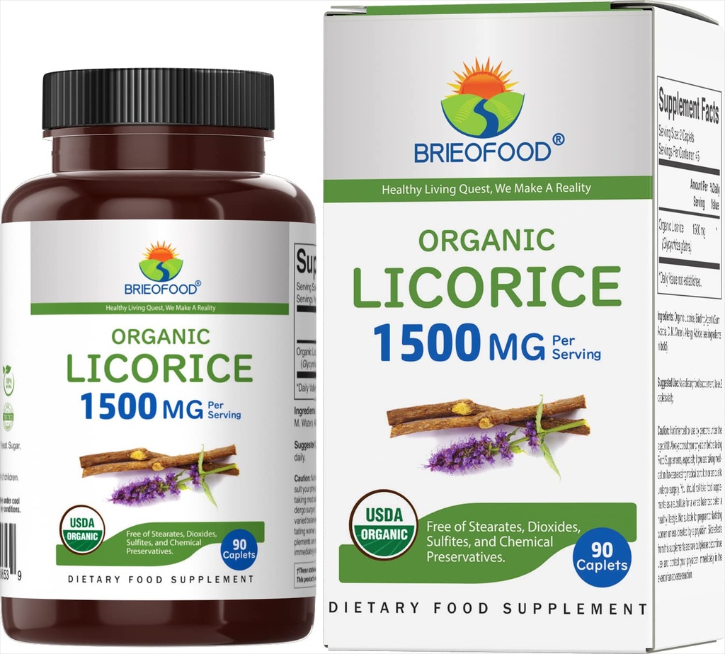 Brieofood økologisk lakris 1500mg, 45 serveringer, vegetarisk, glutenfri, 90 vegetariske tabletter