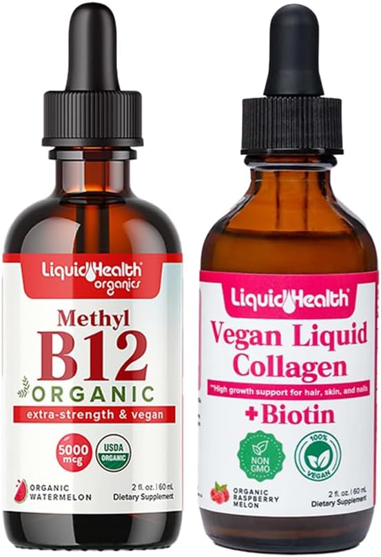 LIQUIDHEALTH Organic Methyl B12 5000mcg Vitamin Drops med Tart Cherry Juice & 100% Vegansk Plantebasert Collage Plus Biotin Drops - Naturlig Energi Boost, Forbedre fokus, Hår og neglevekst, Hud Helse