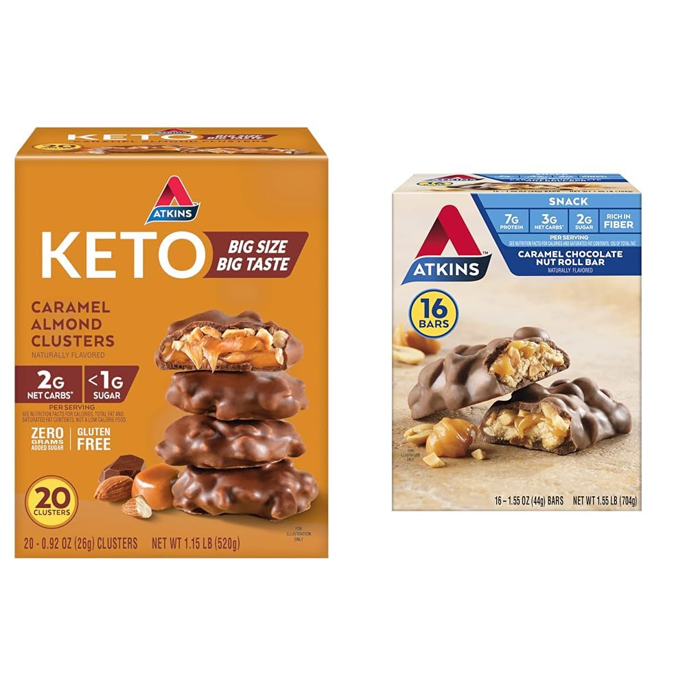 Atkins Caramel Almond Clusters, Glutenfri, Høy i Fiber, 1g Sukker, 2g Netto Carb, Ketovennlig, 20 Count & Caramel Chokolade Nut Roll Snack Bar, Protein Snack, Høy i Fiber, 2g Sukker, 16 Count