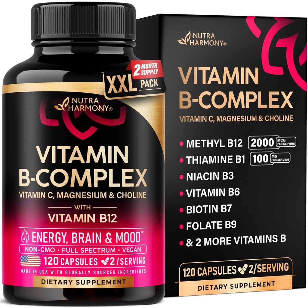 Vitamin B-kompleks for menn og kvinner - laget i USA - B-kompleks: B1, B2, B3, B5, B6, B7, B8, B9, B12 med vitamin C, Choline, Inositol - Energi, hjerne og hjerte støtte Supplement, 120 Vegan Kapsler