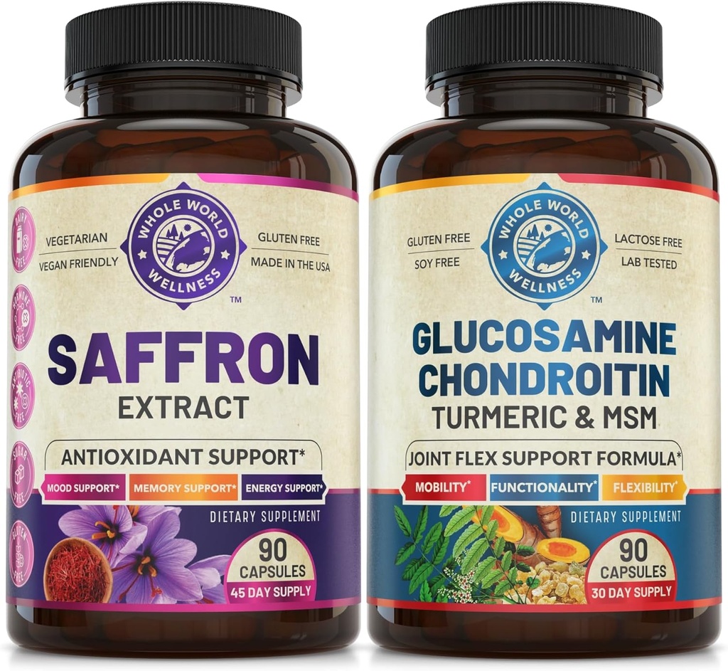 Pure Saffron Ekstrakt & Avansert felles støtte Bundle (En flaske hver). Støtter humør, energiforsterkning, metabolsk funksjon og felles helse. USA laget.