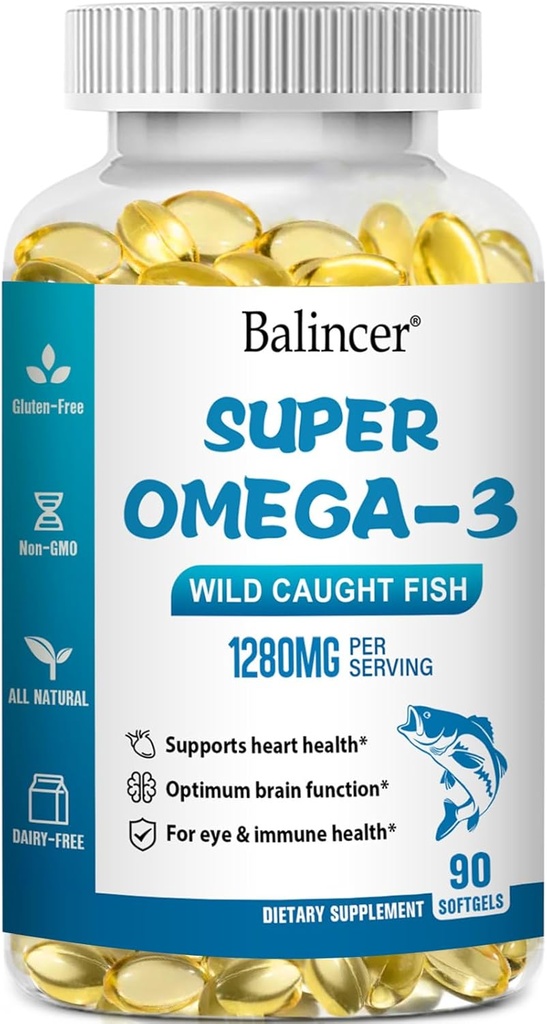 Omega 3 Fish Oil Supplements, 1280 mg Omega-3 fettsyrer inkludert EPA og DHA, Wild-Caught Burpless Fish Oil Supplements støtter hjerte, hjerne og øye helse, 90 Softgels