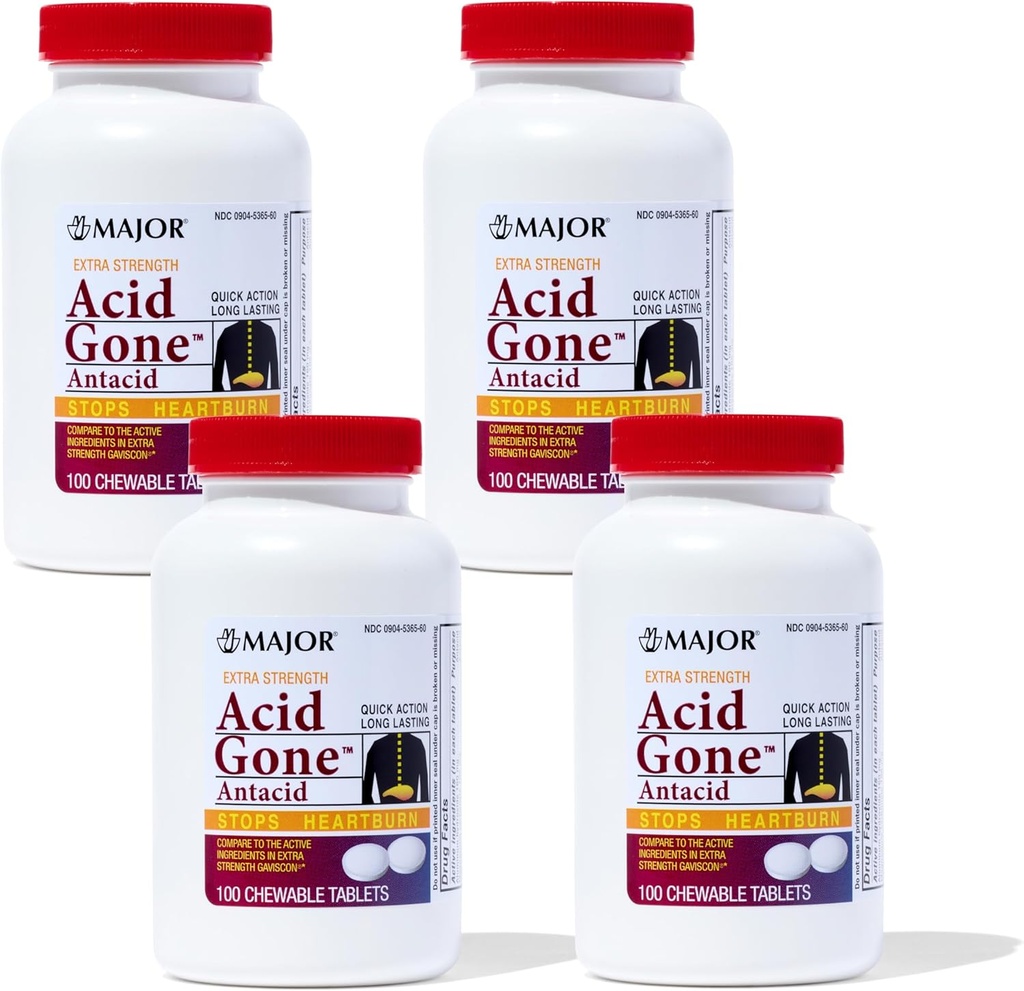 Major Acid Gone Extra Styrke Antacid Chewable Tabletter - Anti-Acid Relief - Acid Reflux Medisin for voksne - Oppsett Mage, Acid Indigation og Heartburn Relief - Lang-Lasting - 100-Count (4 Pack)