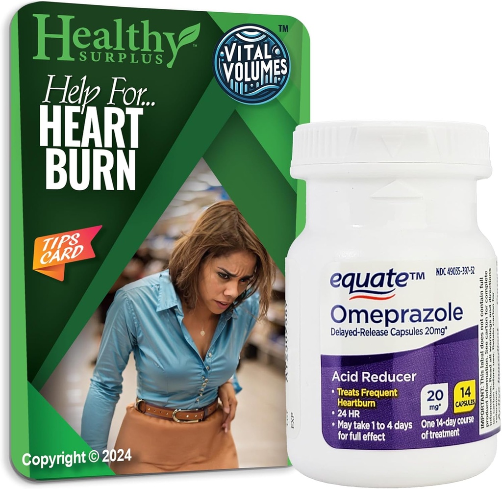 Sunn Surplus Equate Omeprazol 20mg 14-dagers behandlingskurs og vitale volumer Tips Card Bundle