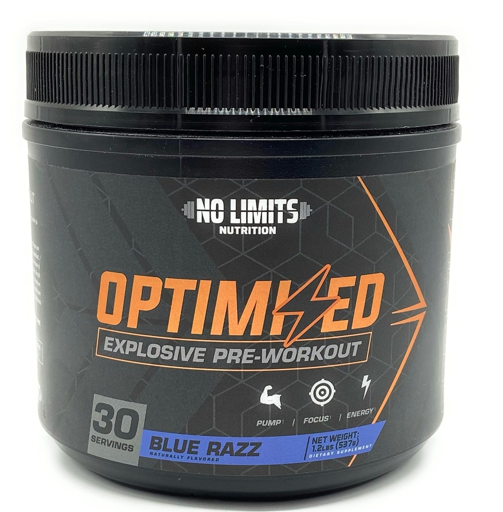 "Optimisert" Blå Razz Pre-Workout pulver / Massive pumper / Øk muskelmasse, styrke og fokus / Beta Alanine + L-Citrulline + Betaine Anhydrous + Kreatin + Koffein Anhydrous / 30 Serveringer