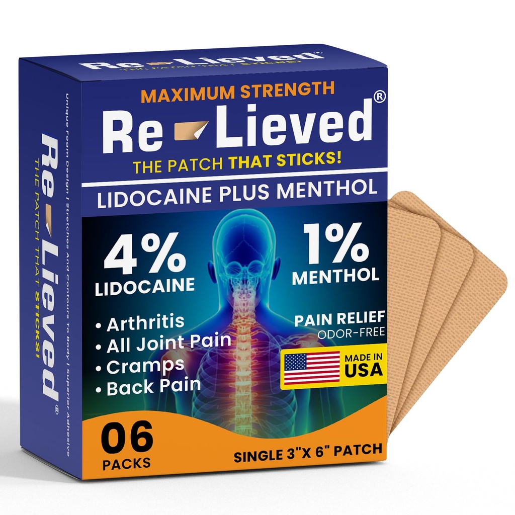 Re-Leved 4% Lidocaine Patches med Menthol - Maks styrke smertelindring for rygg, kne og muskelsmerter - raskt-virkende medisinske patcher - laget i USA - 6 greve