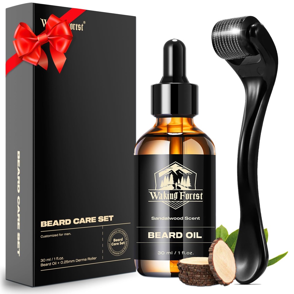 Waking Forest Derma Roller 0,25mm & Beard Oil(1oz), Sandalwood Beard Kit, Microneedle Beard Roller med 540 Titanium, naturlig moisturize med vitamin E Beard Oil for menn, Fars Kjæreste pappa