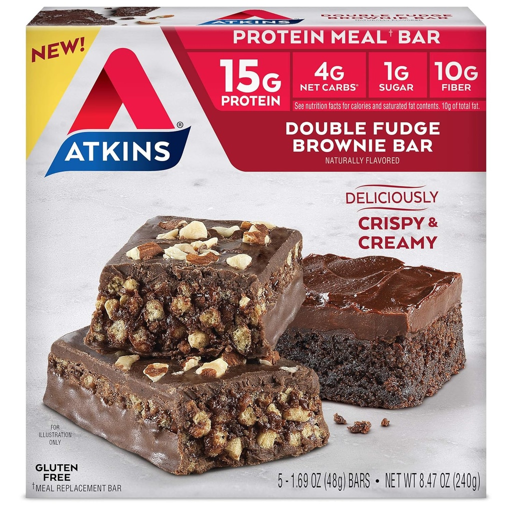 Atkins Dobbel Fudge Brownie Protein Måltid Bar, Høy Fiber, 15g Protein, 1g Sukker, 4g Net Carb, Måltid Utskiftning, Keto Vennlig