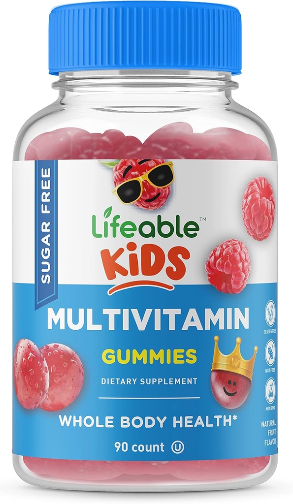 Livbar sukkerfri multivitamin for barn – Great Tasting Natural Flavor Gummy Supplement – med vitaminer A, C, D, E, Niacin, B6, Folat, B12, Biotin, Pantotensyre, jodin, sink, – 90 gummier