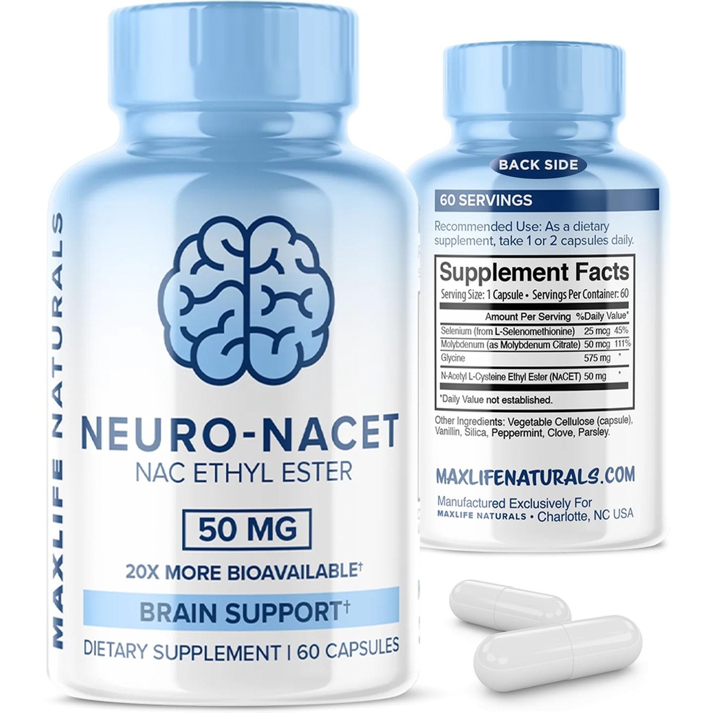MaxLife Naturals Neuro [30]T N-Acetyl L-Cysteine – 60 kapsler, 20x Mer Biotilgjengelig Glycine NAC Supplement N-Acetyl Cysteine Etyl Ester med Selenium, 10x Glutathion Boost for Brain & Lung Support