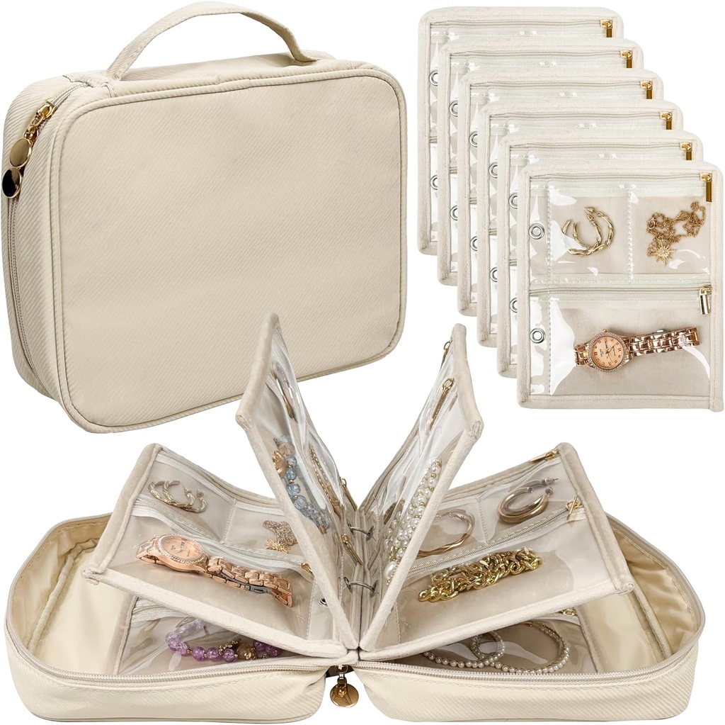 Reise smykker Organizer saken,Jewelry vesker smykker lagringsbok Binder med Clear Zipper Velvet Pouch for reise, øredobber, ringer, halskjede, armbånd (hvite)