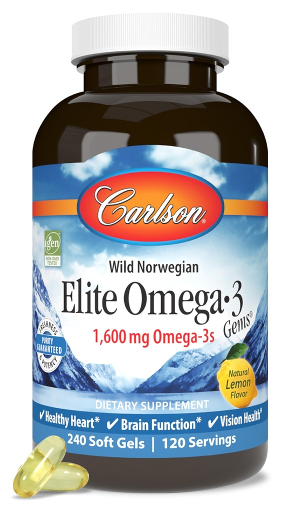 Carlson Elite Omega-3 Gems, 1600 mg Omega-3 med EPA & DHA, Lemon Flavor, 240 Softgels - Wild-Caught Norsk Fiskeolje, Sustainly Sourced