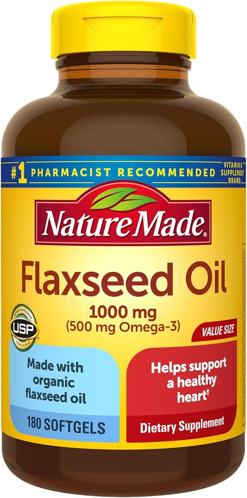 Flaksfrø Olje 1000 mg Softgels, 180 greve for hjerte helse