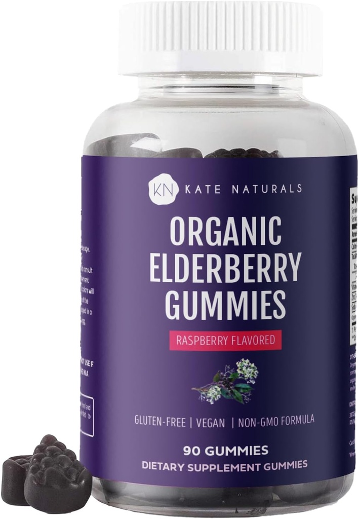 Kate Naturals Elderberry Gummies med vitamin C og sink for voksne og barn. Tasty Sambucus Elderberry Gummies for immun støtte (90 gummies, 45 dagers forsyning, organisk)