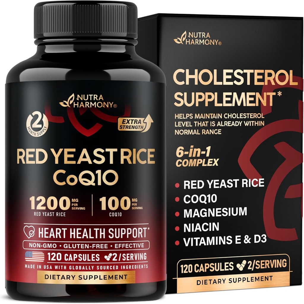 Red Yeast Rice 1200 mg med CoQ10 100 mg - med magnesium | Niacin  Vitamin Vitamin E & D3 - Hjarte helse støtte, energi og metabolisme - Effektiv, Flush-fri & Laboratorie testet - laget i USA, 120 kapsler