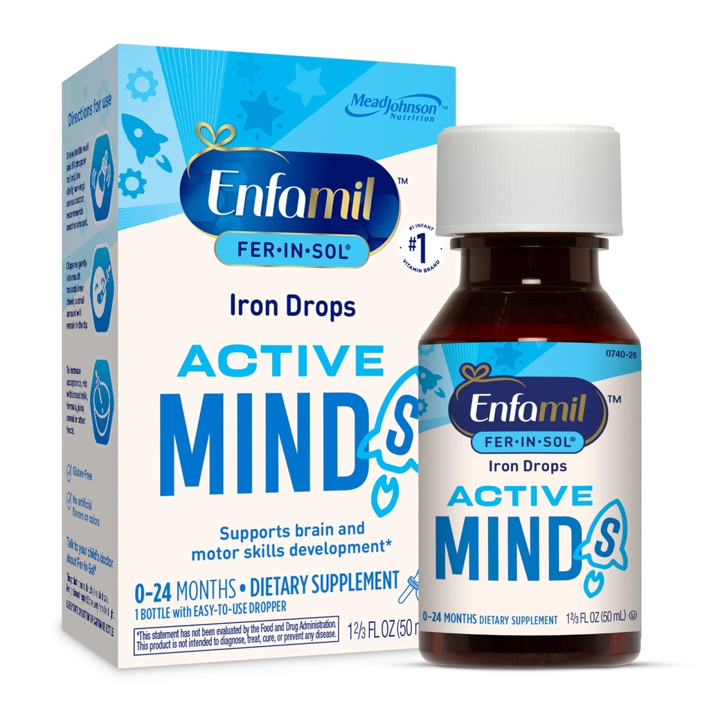 Enfamil Fer-In-Sol jern Supplementsdråper for spedbarn og tilhengere, støtter hjerneutvikling, 50 ml Dropper flaske