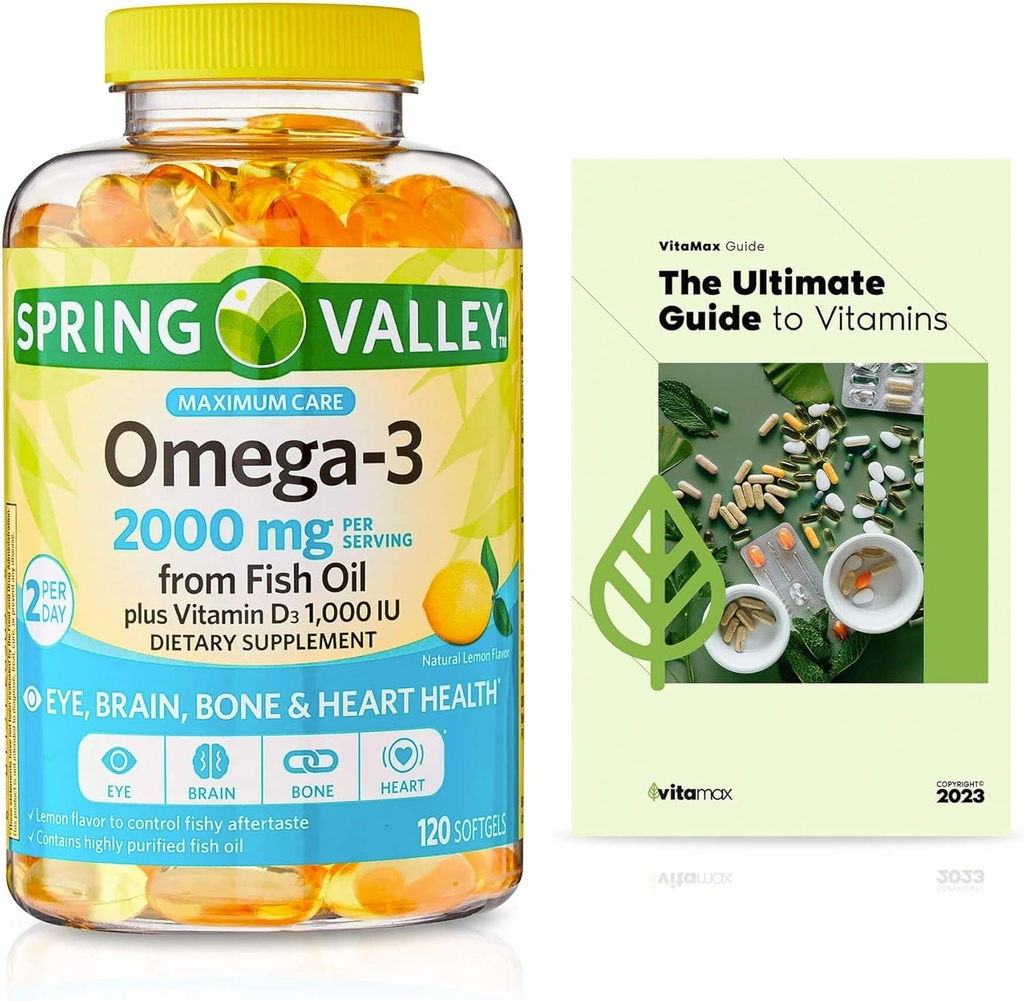 Spring Valley Omega-3 fra Fish Oil 2000 mg, Maks. omsorg, 120 greve + Eksklusiv VitaMax vitaminguide (2 elementer)