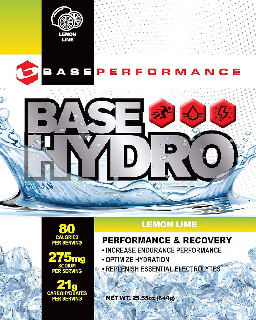 BASE Performance Hydro - Lemon Lime | 28 porsjoner i hver miljøvennlig myrepose | Blanding av dextrose, fruktose, maltodekstrin og essensielle elektrolytter.
