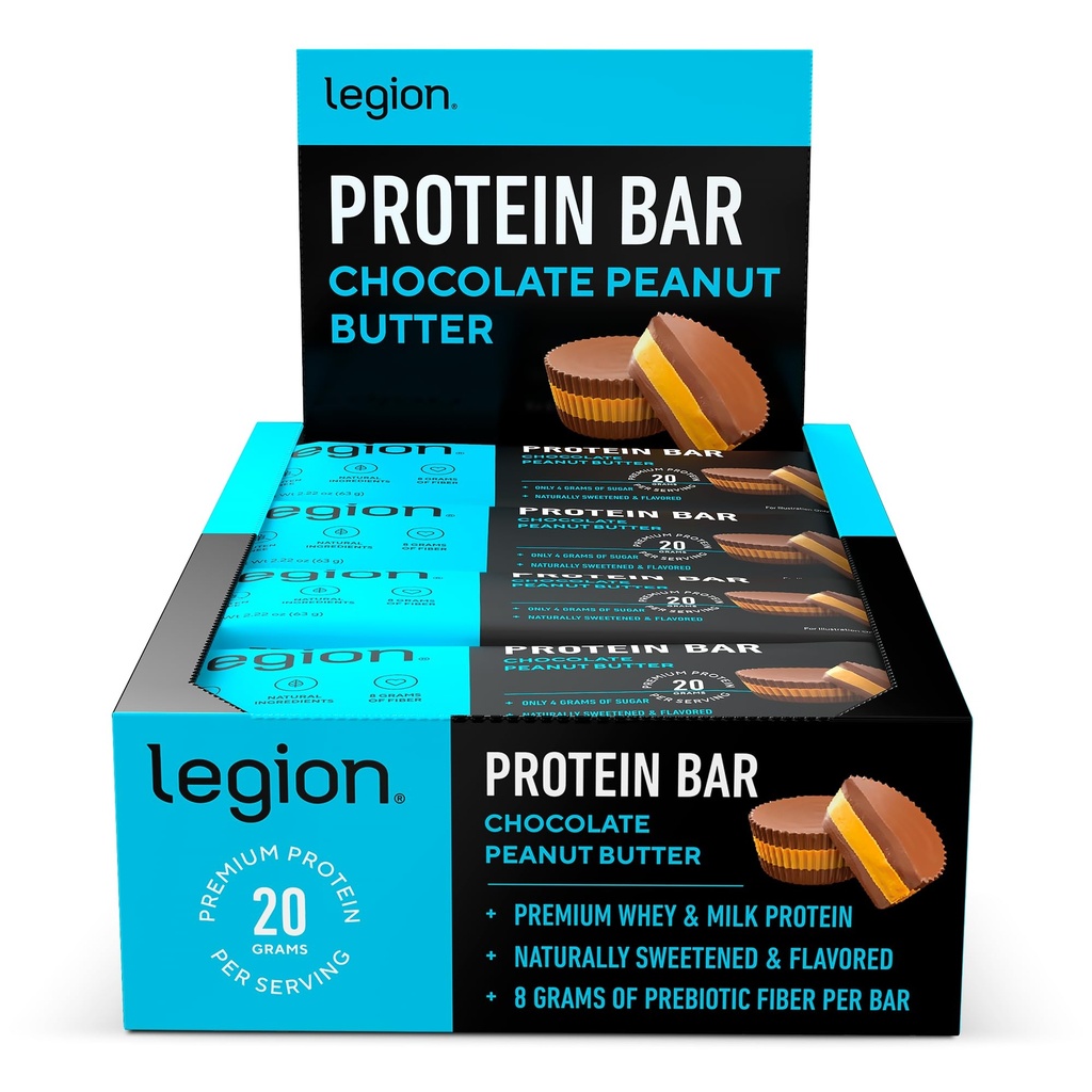 Legion Protein Bar Sjokolade Peanut Butter -100% Whey Protein, Baket Barer med Prebiotisk Fiber - Høy Protein (20g) Lavt fett (12g) Lavt sukker (4g), Ingen Soya, Gluten - Naturlige Flavors (12 grev)