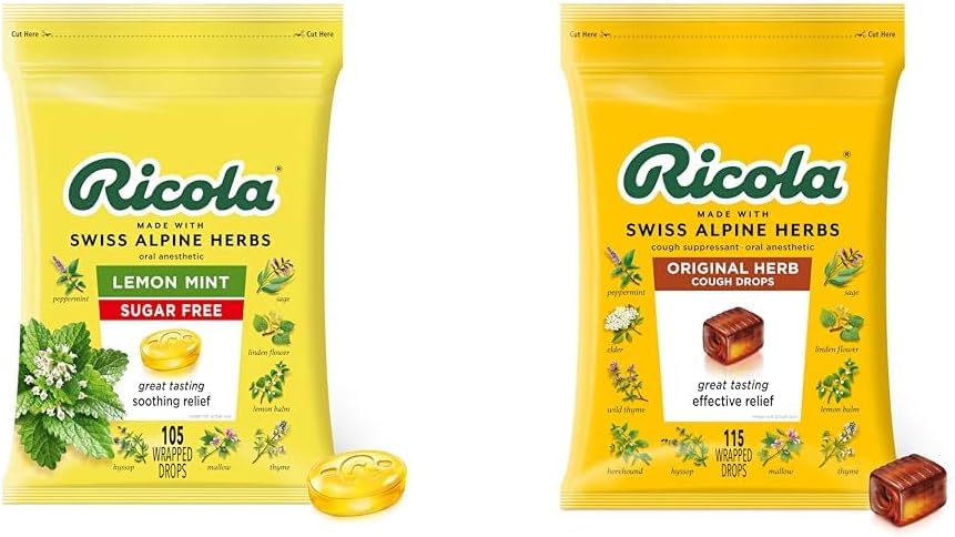 Ricola Sukker Gratis sitron Mint Herbal Cough Suppressant Throat Drops, 105ct Bag & Original Natural Herb Cough Drops, 115 Count, Cough Suppressant & Throat Relieving Drops