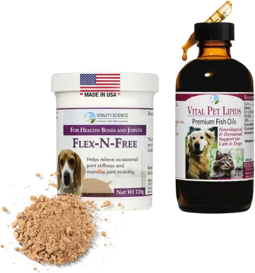 Vitality Science Flex N Free + Vital Pet Lipids for hund | 2 Del Program | Fremmer Bone Development & Joint Health | Relieves Stifness | Neurologisk & Hormonal Support | 100% trygt (liten)