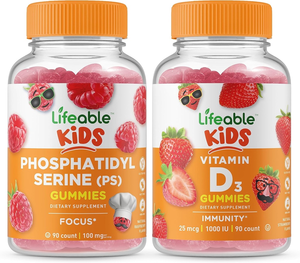 Livbare Fosfatidyserin (PS) Kids + vitamin D Kids, Gummies Bundle - Great Tasting, vitamin Supplement, Glutenfri, GMO Gratis, Chewable Gummy