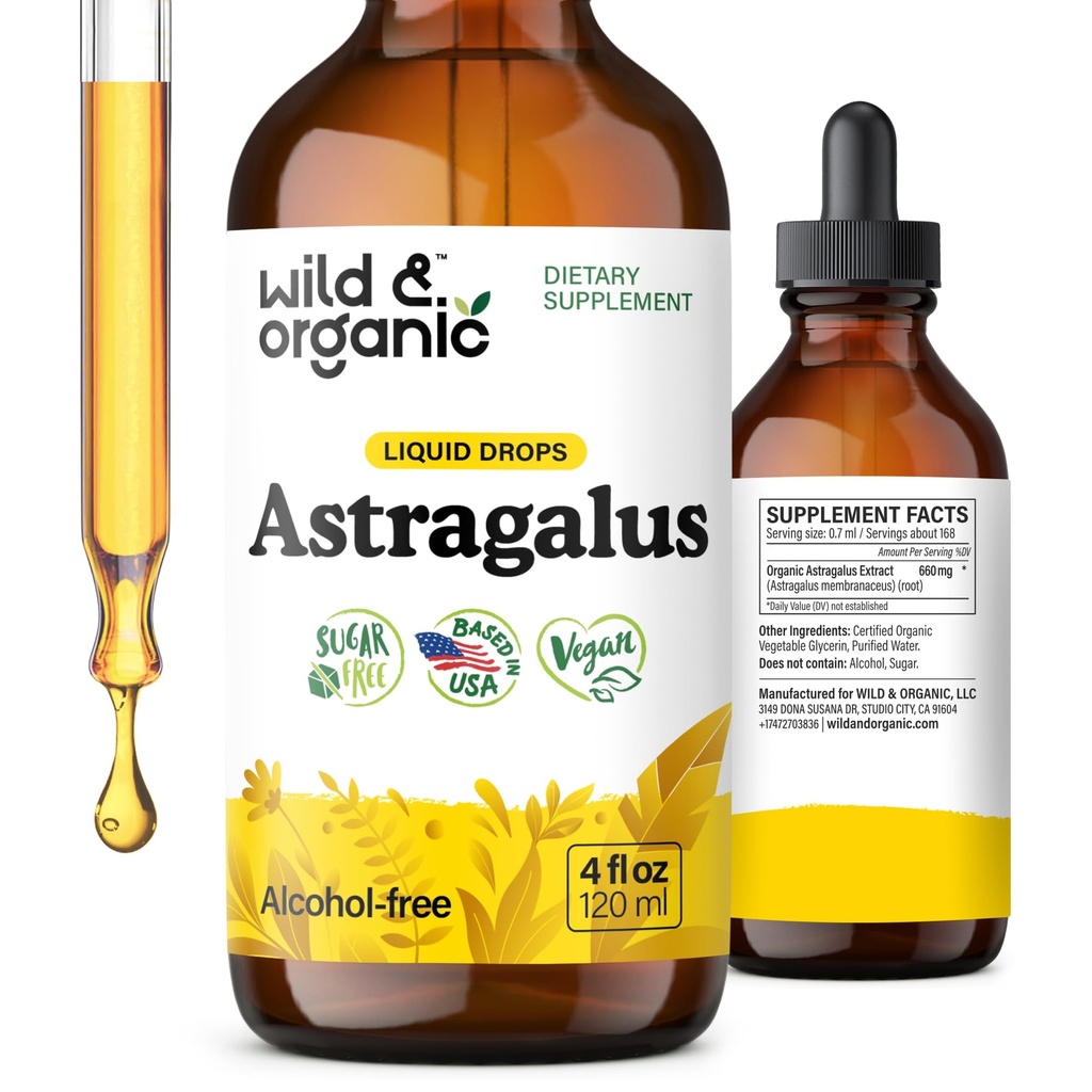 Wild & Organic Astragalus Tinktur - Immun Support Supplement w / Astragalus Root Extract - Vegansk Tinktur for immunisme - Sukker & alkohol-fri drops - 4 fl oz