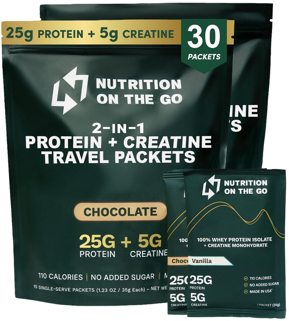 Ernæring på Go Whey Protein Isolate Packets med kreatin – 25g Protein + 5g Kreatin – Single-Serve Reise Protein pulver - Variety Pack (Vanilla & sjokolade) (30-Pack)