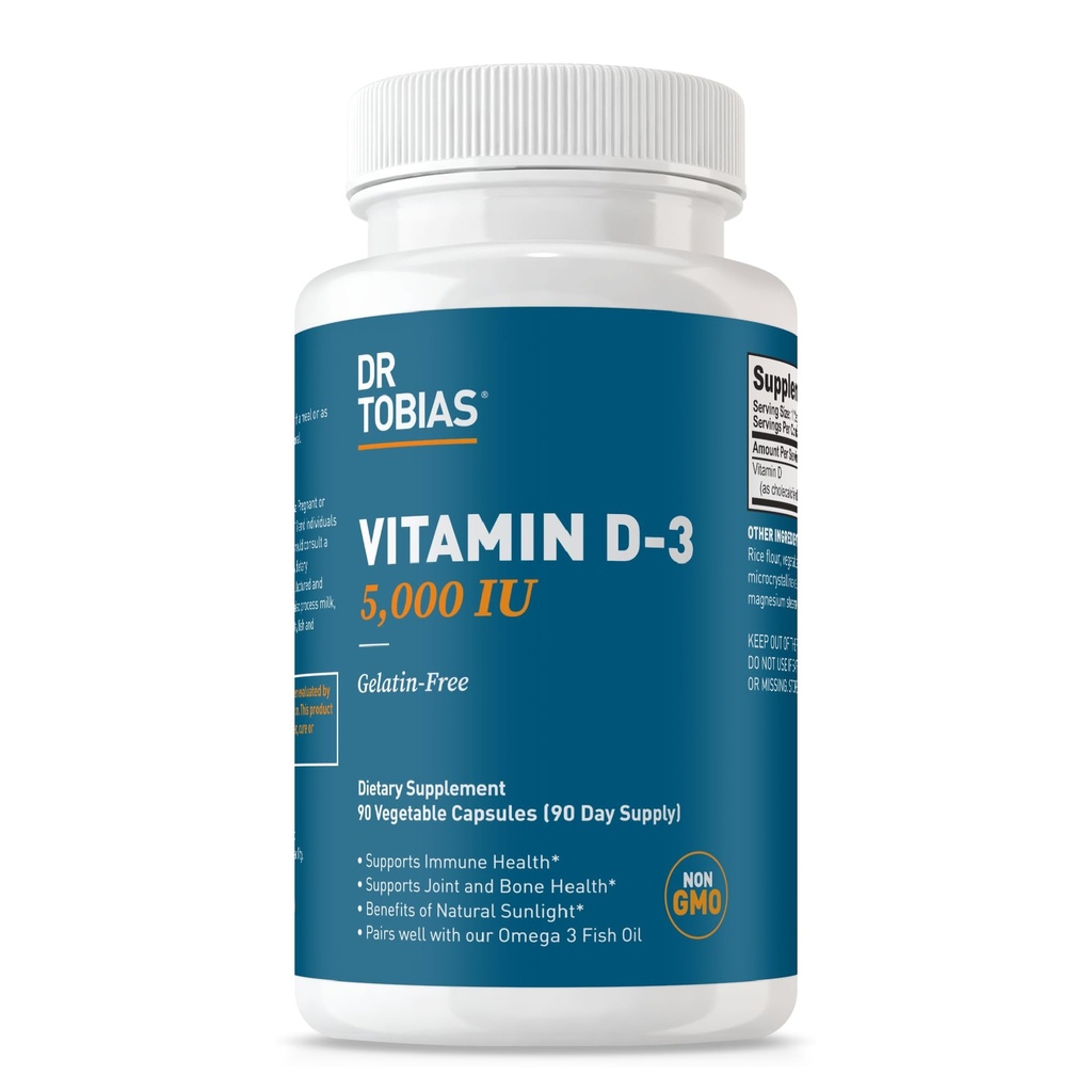 Dr. Tobias vitamin D3 5000 IU, essensielt for sunne bein, tenner og immunsystem, ekstra styrke vitamin D Supplement, ikke-GMO, 90 kapsler, 90 serveringer