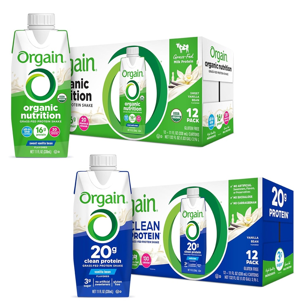 Orgain Protein Shakes Bundle - Grass Fed Whey og Melk Protein, Vanilla Flavored (12 Pack)