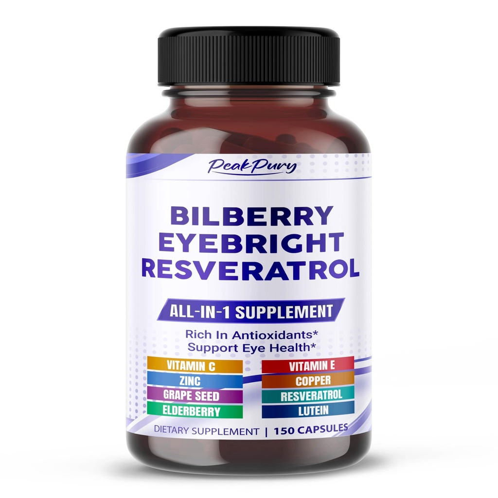 All-in-1 Bilbær Eyebright Astaxanthin Elderbær Resveratrol Supplement - rik på antioksidanter og støtter øyehelse - laget i USA - 150 kapsler