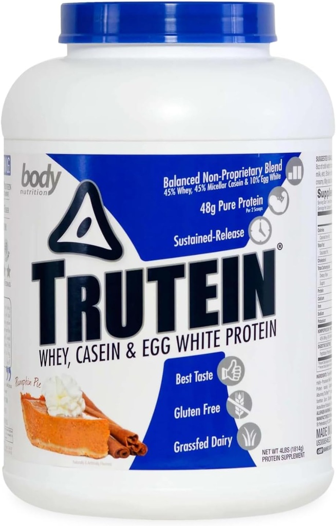 Body Nutrition Trutein høyprotein pulver: 45% Whey, 45% Casein, 10% Egg Hvit, Glutenfri, Lav Natrium, Grass Fed Whey Protein pulver, Gym Supplement & Frokost Shake, Pumpkin Pie, 4lb