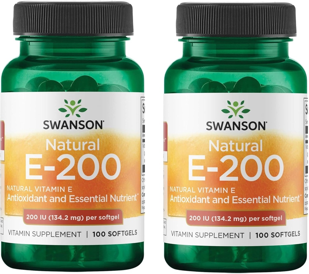 Swanson Natural Vitamin E - naturlig kosttilskudd som støtter hjertehelse og vevsvern - essensiell næringsstoffer som fremmer generelle helse og velvære - (100 Softgels, 200IU hver) (2 pakke)