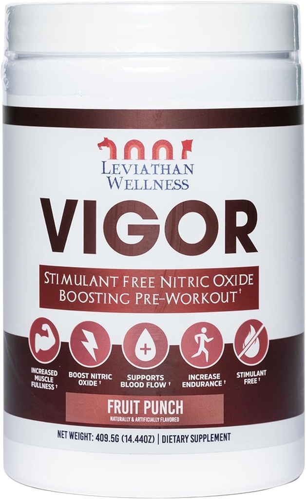 Vigor - Stimulant-fri nitric Oxid Pre-Workout pulver | L-Citrullin (5000mg), Malic Acid (2000mg), GlycerPump (1500mg) | Frukt Punch® 30 serveringer, 13,86g Hver | laget i USA