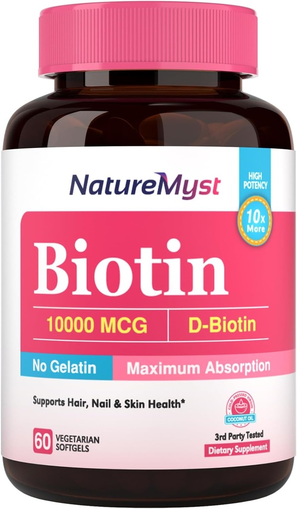 Biotin 10000 mikrog, høy potens, Biologisk aktiv, kaldpresset kokosolje for maksimal absorpsjon, ingen gelatin, hår, negler, hud, 60 vegetariske softgels