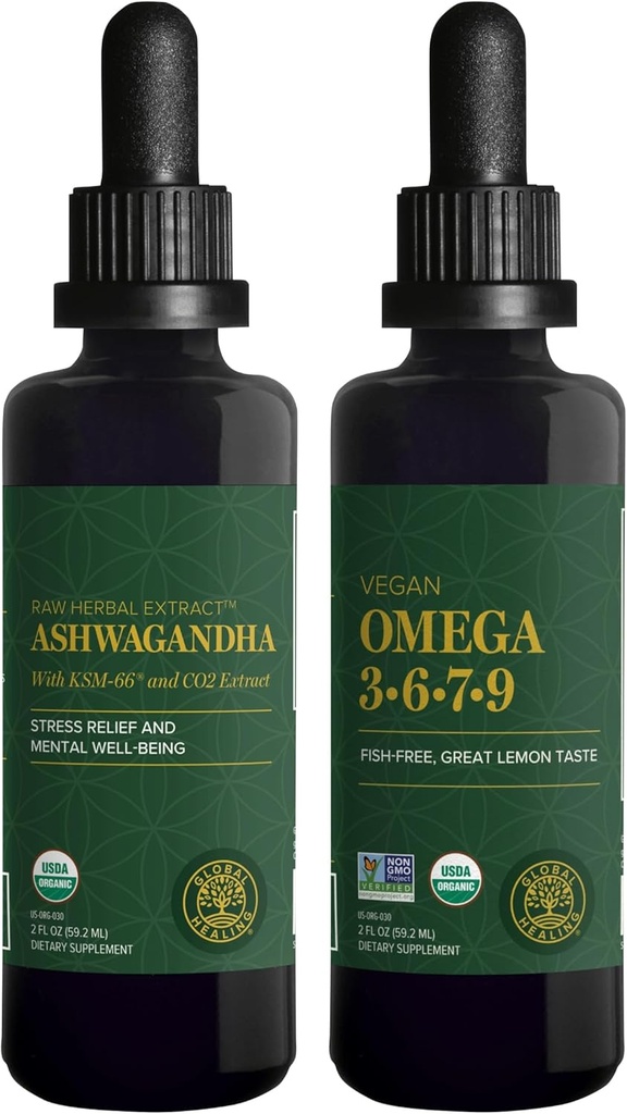 Global Healing Center Ashwagandha & Omega 3 6 7 9 Kit - Hjelper med nervekraft, hjernehelse, hjertehelse og øyehelse
