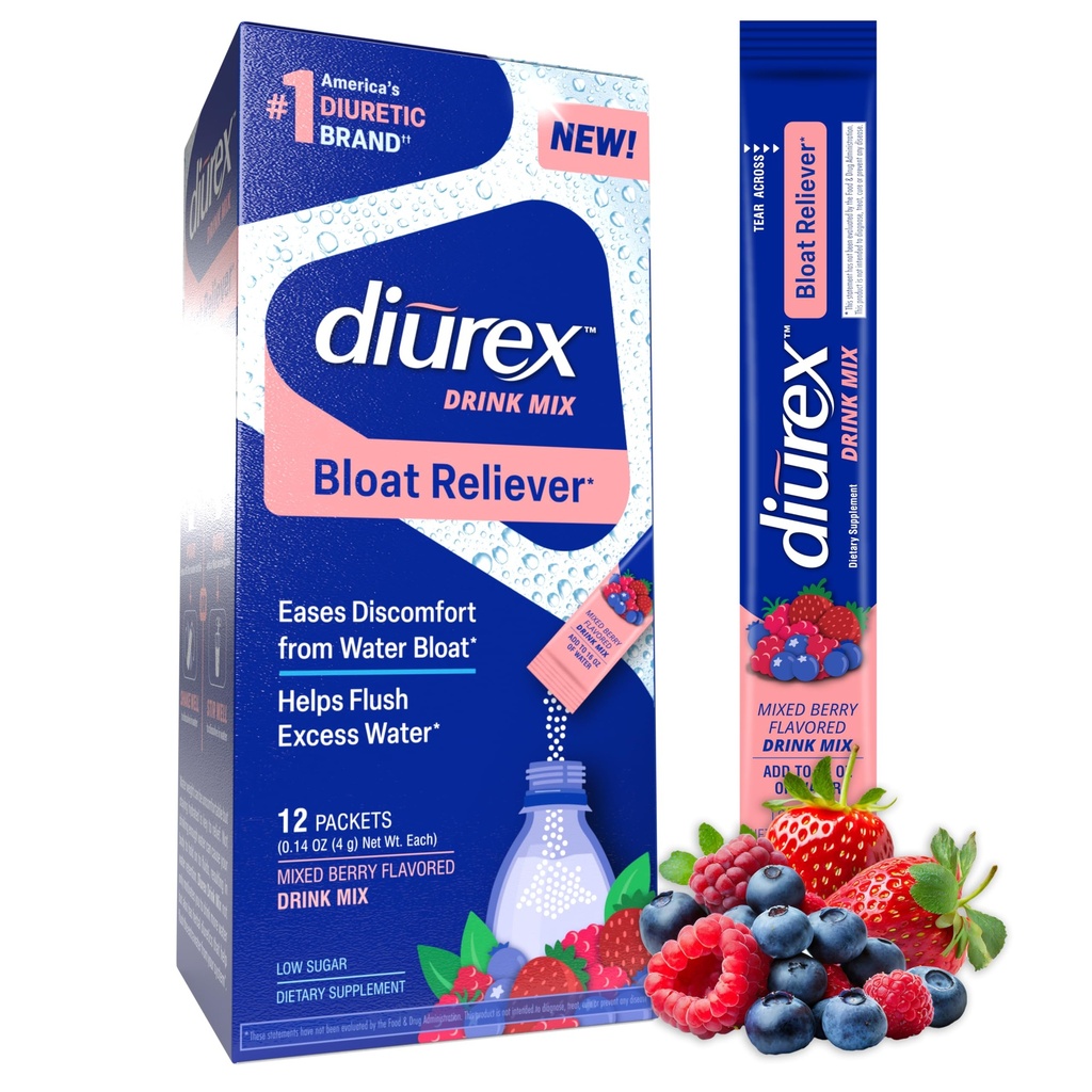 Diurex Drink Mix - Diuretisk Supplement - Blandet Berry Flavor - Bloat Relief med Diurex proprietær Bloat-Leining Blend - Single Serve - 12 Pack