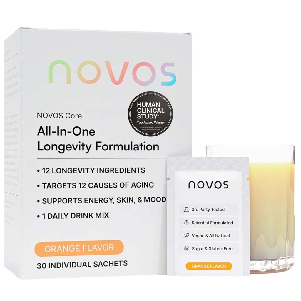 NOVOS Core Longevity Mix, Anti-Aging Supplement, Drikke pulver Packet Orange Flavor - Hudstøtte, Energi, Mood, søvn og kognisjonsstøtte - 30 Services