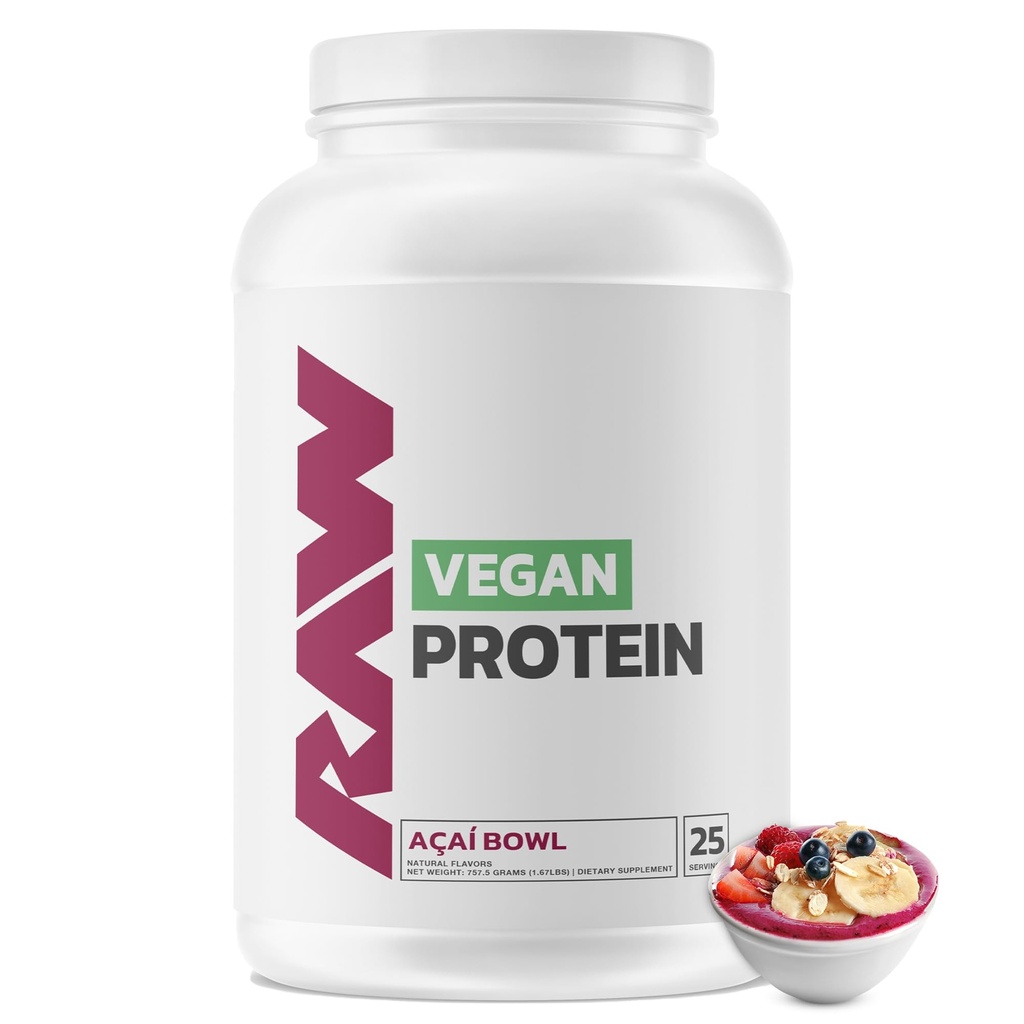 RAW Vegansk proteinpulver, Acai Bowl - 20 g plantebasert proteinpulver og forsterket med vitaminer for muskelvekst og gjenoppretting - lavfett, lav carb, naturlig flavored & søtt - 25 serveringer