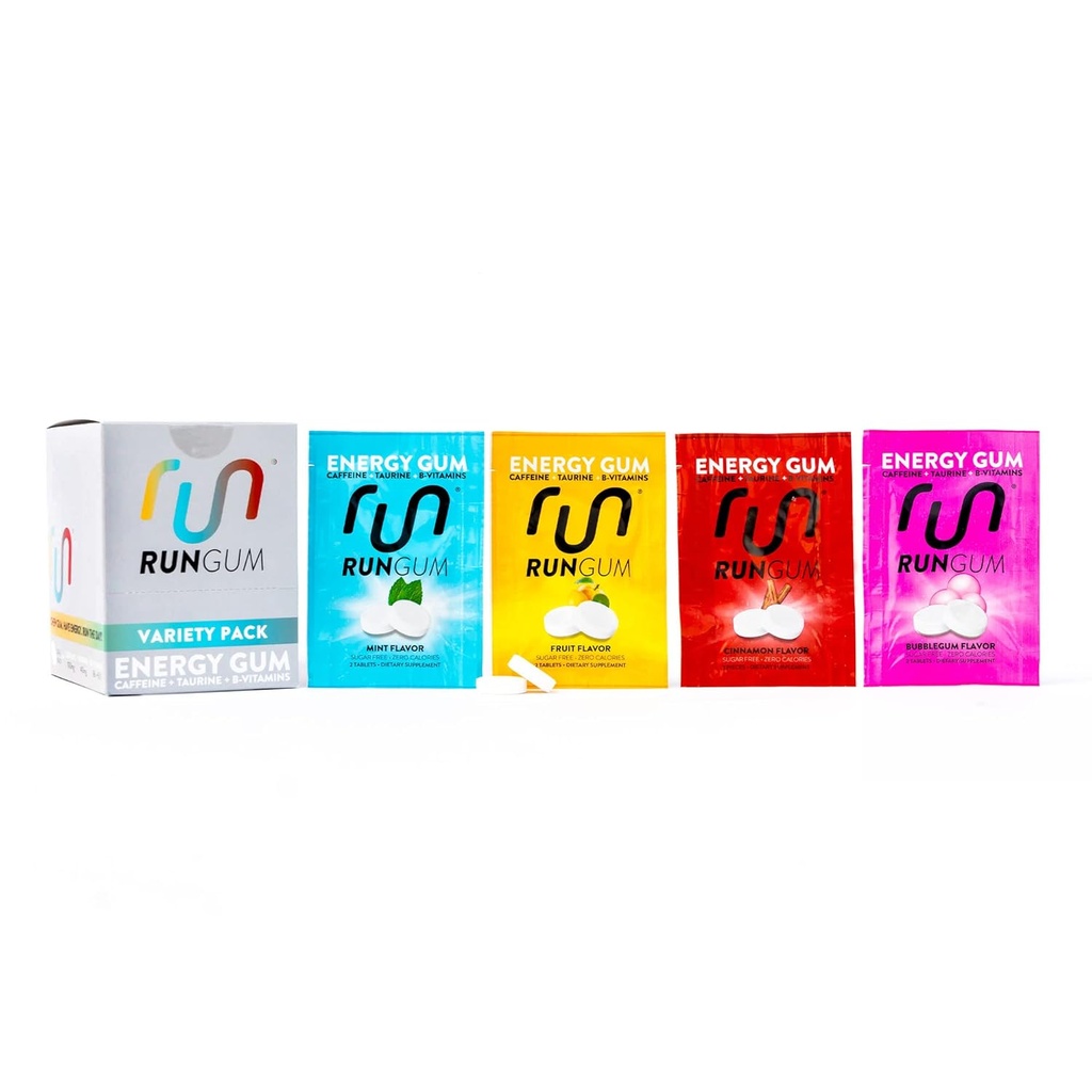 RUN GUM Variety PackEnergy Chewing Gum 50mg Koffein Taurin & B-Vitaminer Per Piece, 24 stykker (pakke av 12) sukker gratis, null kalori, ingen aspartam, og glutenfri