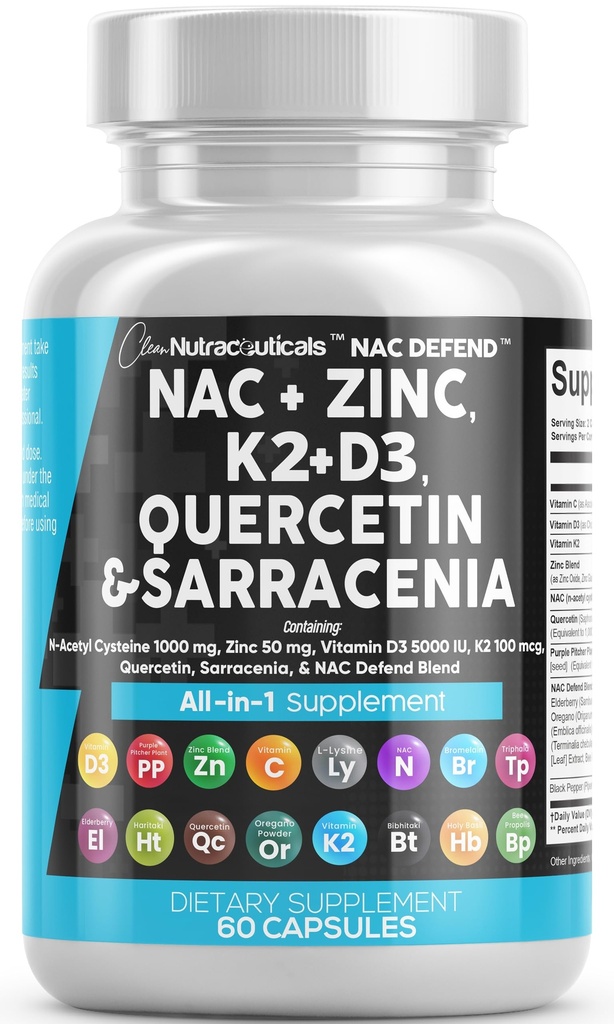 NAC Supplement N-Acetyl Cysteine Vitamin D3 K2 Zinc Quercetin Sarracenia Purpurea Immune Support | Elderberry Holy Basil Bee Propolis Bromelain L-Lysine kapsler kosttilskudd for kvinner voksne