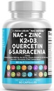 NAC Supplement N-Acetyl Cysteine Vitamin D3 K2 Zinc Quercetin Sarracenia Purpurea Immune Support | Elderberry Holy Basil Bee Propolis Bromelain L-Lysine kapsler kosttilskudd for kvinner voksne